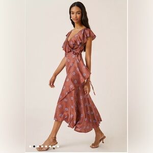 New Women’s Anthropologie Ruffle-Sleeve Floral Printed-Wrap Maxi Dress Size XXS